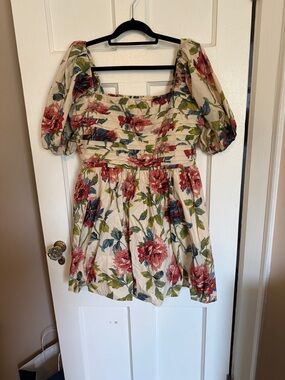 Abercrombie & Fitch Floral Puff-Sleeve Mini Dress in Cream, Red, Green